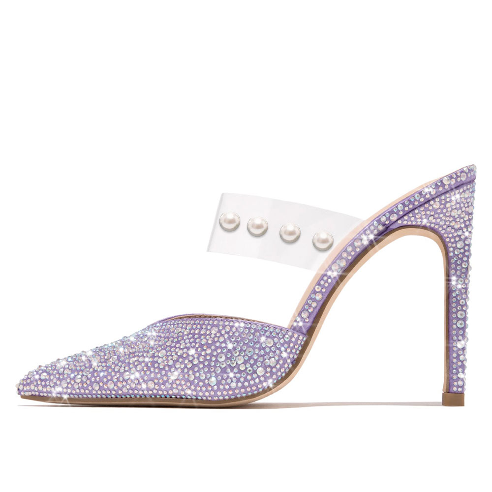 Purple Pointed Toe Rhinestone High Heel Mules with Clear Strap Nicepairs