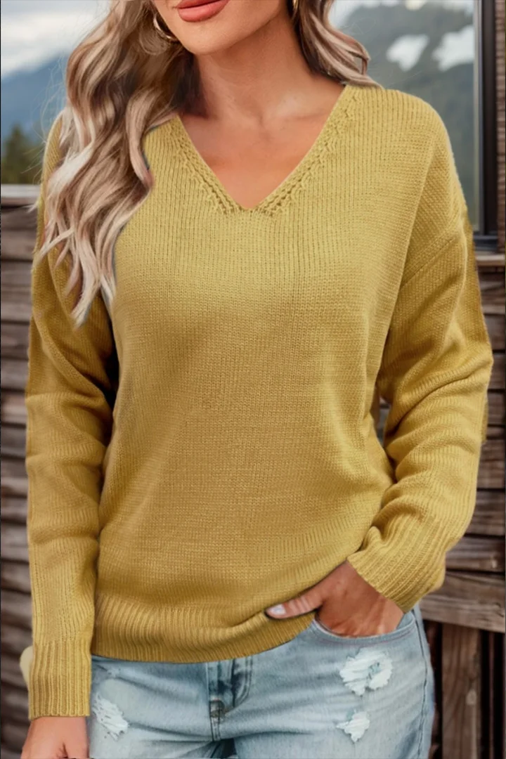 Rib-Knit Long Sleeve V Neck Sweater