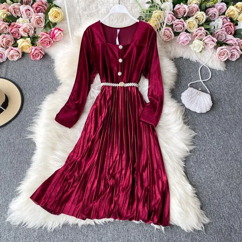 2020 autumn winter women dress vintage slim long-sleeved pleated velvet dresses ladies elegant square neck Party midi dress
