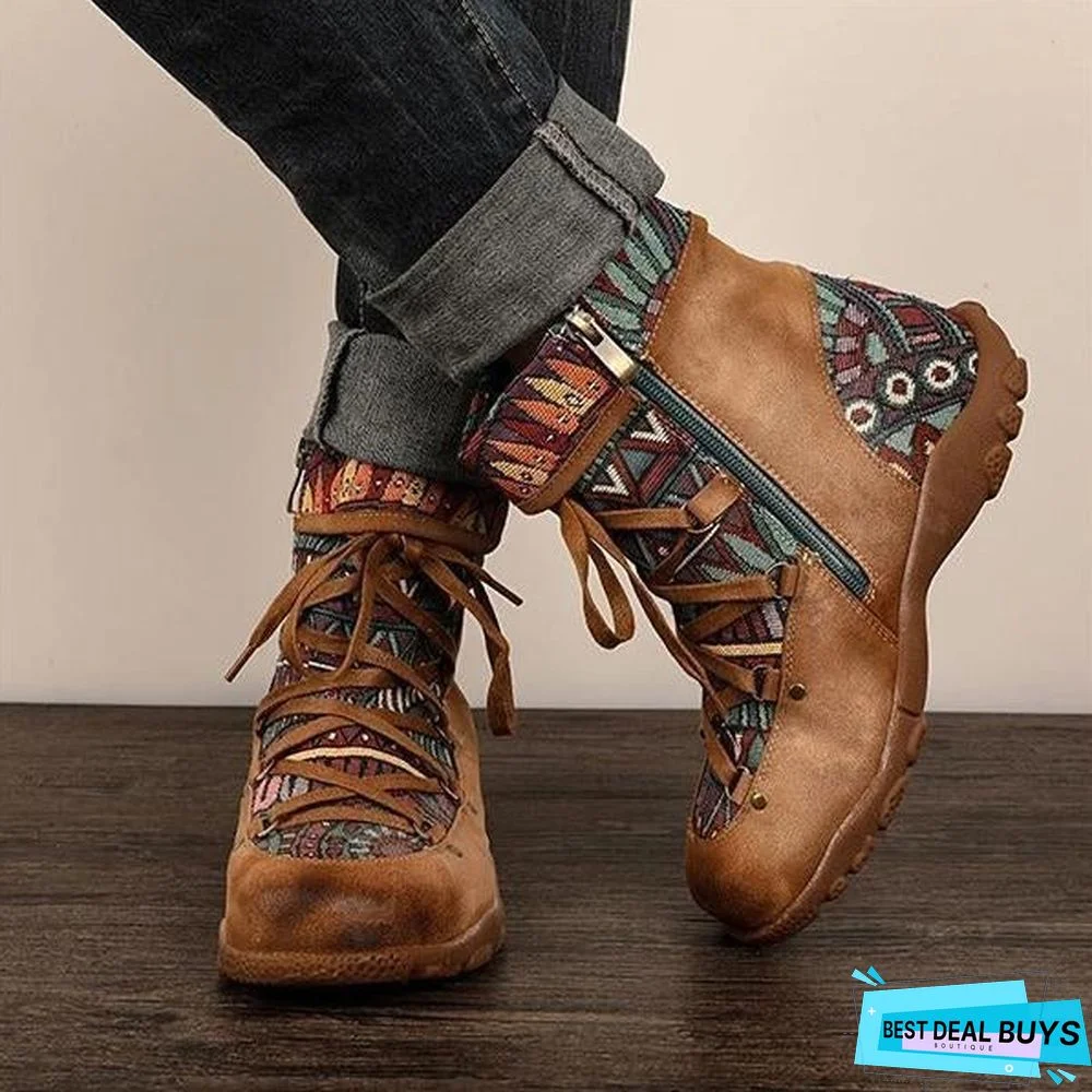 Casual Lace Up Zipper Comfy Flat Boots