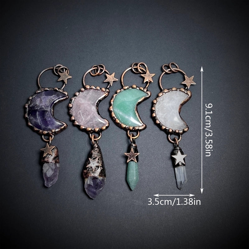 2 Pieces 35*91mm Crystal Green Aventurine Natural Stone Crystal Star Moon Pendant Jewelry Accessories