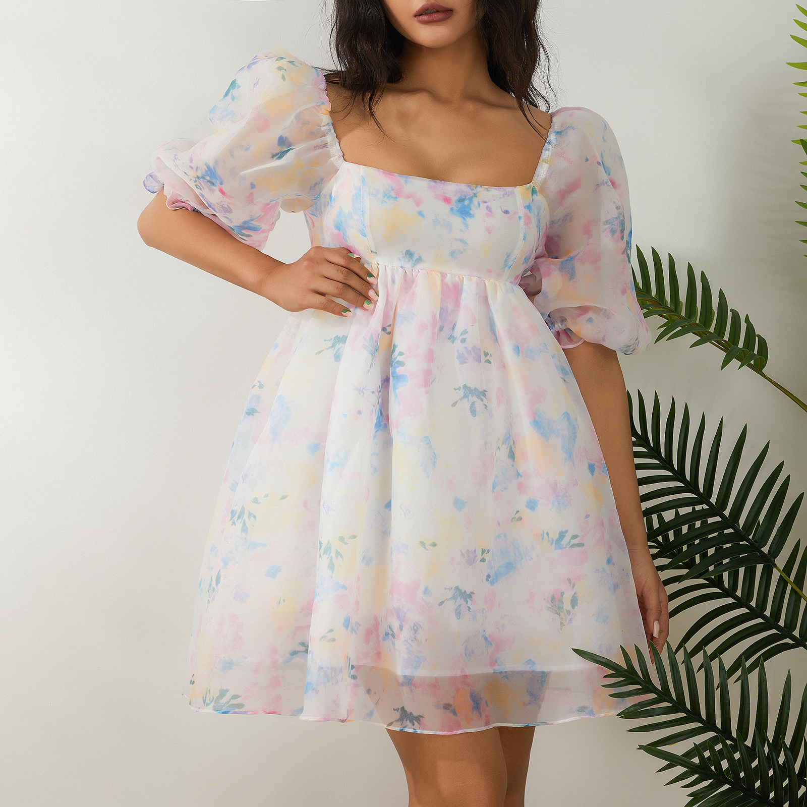 Women's Floral Print Puff Short Sleeves Square Neckline Mini Dress