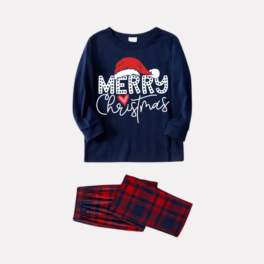 Red Santa Hat "Merry Christmas" Letter Print Blue Long Sleeves Top with Classic Red & Blue Plaid Pants Family Matching Pajamas