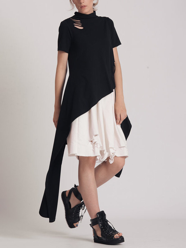 Short Sleeve Solid Color Asymmetric Hemline Blouses