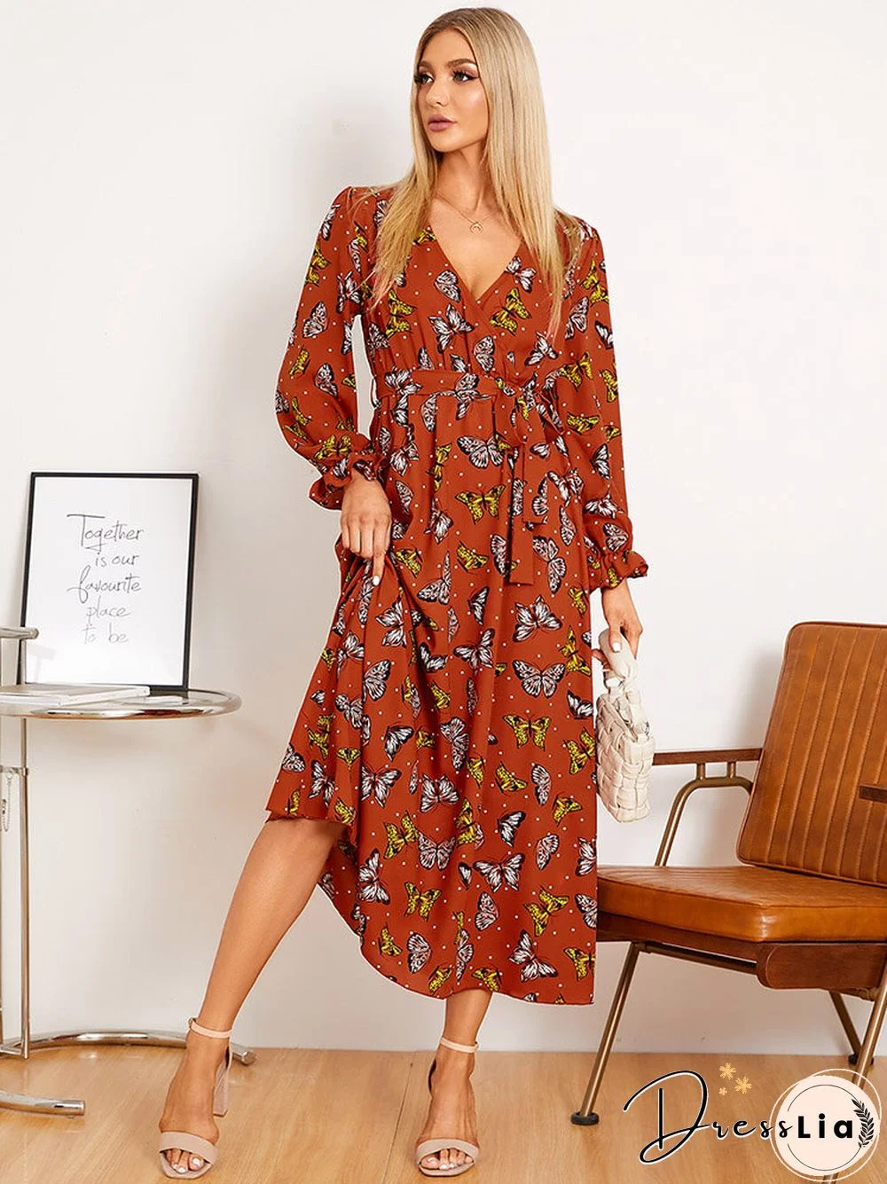 Butterfly Print Belt Long Sleeve V-neck Maxi Dress