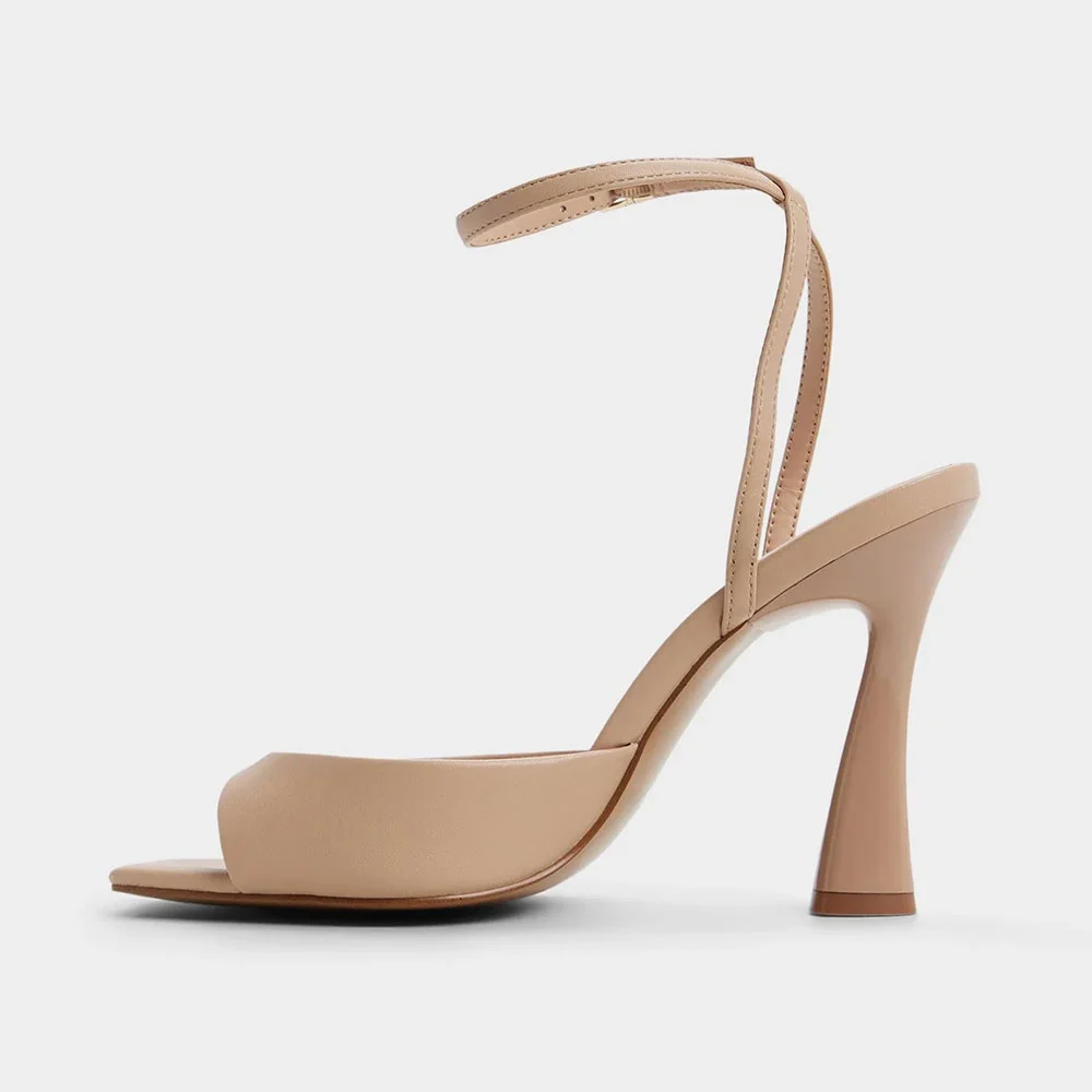 Women's Vegan Leather Square Toe High Heel Ankle Strap Nude Sandals