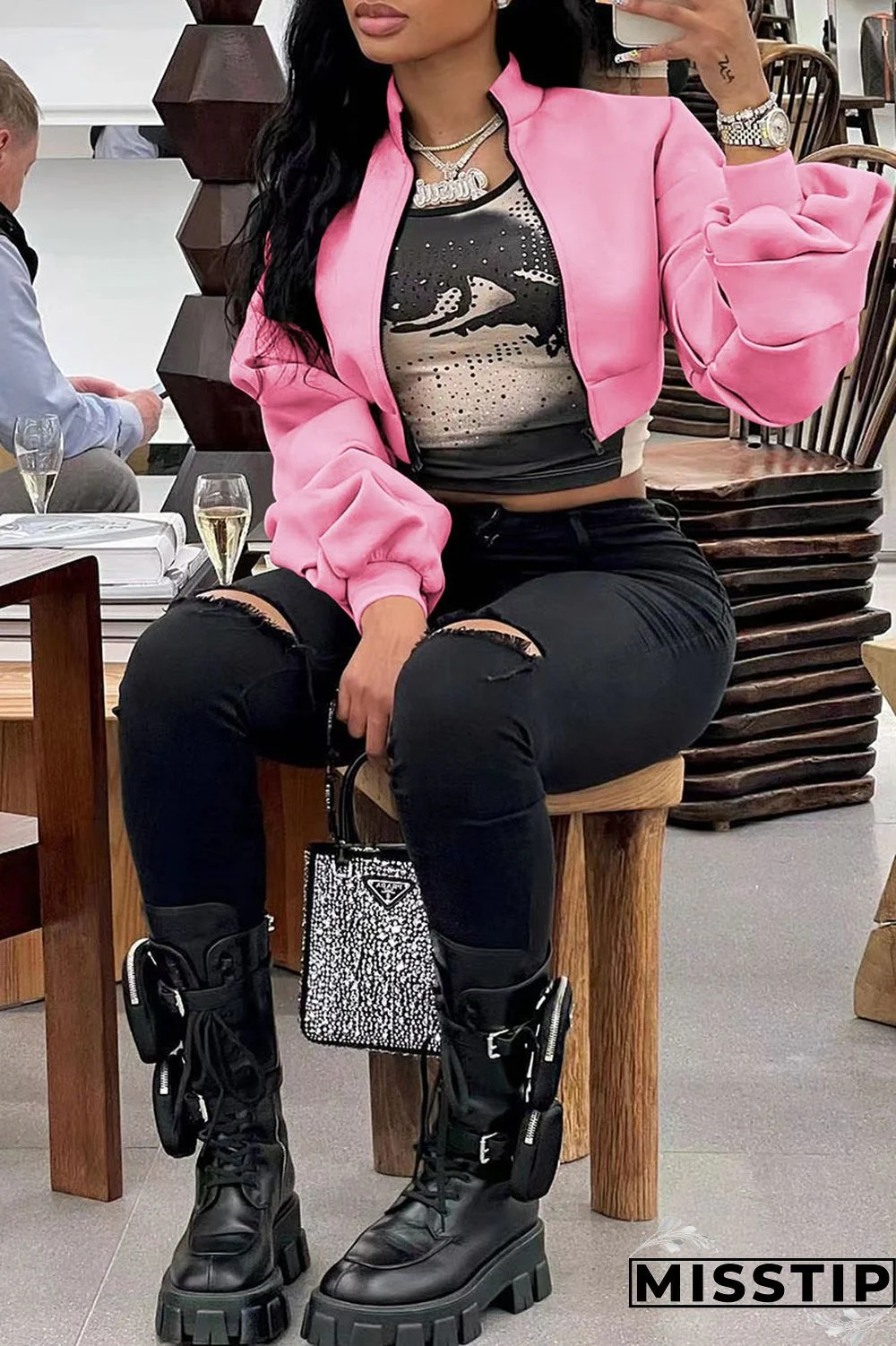 Black Casual Solid Patchwork Fold Zipper Collar Outerwear