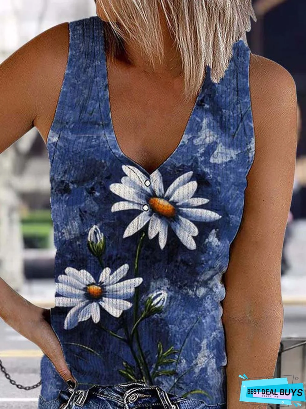 Floral-print V Neck Cotton-Blend Sleeveless Casual Shirts & Tops