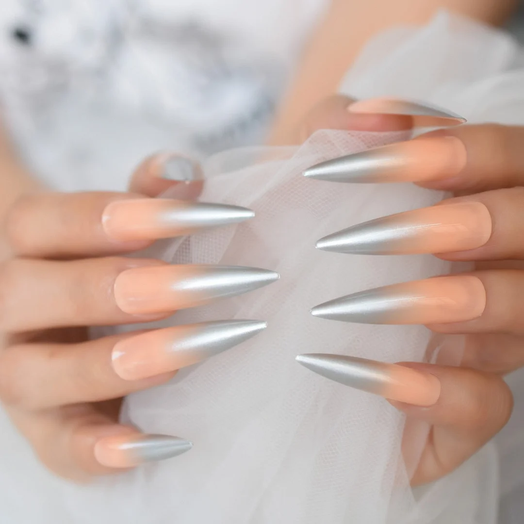 Silver Metallic Ombre False Nails XXL Extra Long Stiletto Beige Press On Nails Natural Tips Salon Quality 24