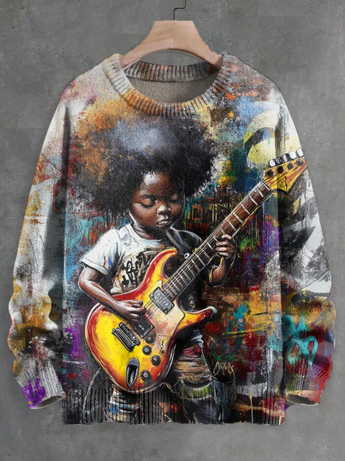 Men's Black Little Girl Playing Guitar Vintage Watercolor Art Print Knit Sweatshirt