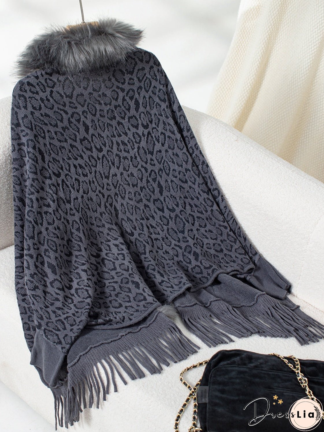 Fringe Leopard Open Front Long Sleeve Poncho