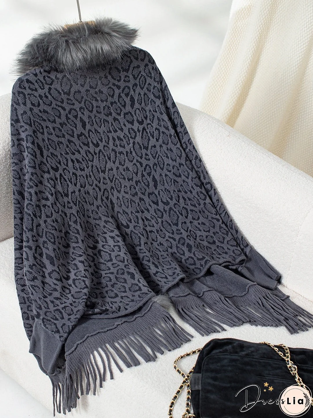 Fringe Leopard Open Front Long Sleeve Poncho