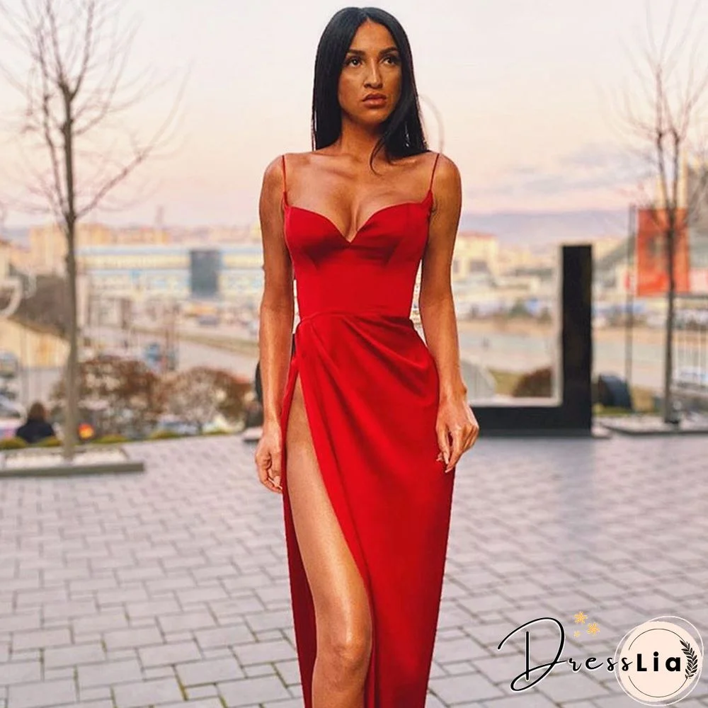 Black Silk Dress Women Sexy V-Neck Sleeveless Hight Split Hem Knee-Length Strap Dress Slim Summer Party Dresses Women