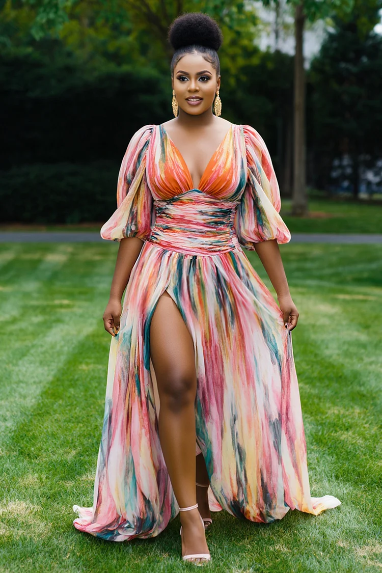 Print Puff Sleeve V Neck Slit Vacation Maxi Dresses-Multicolor [Pre Order]