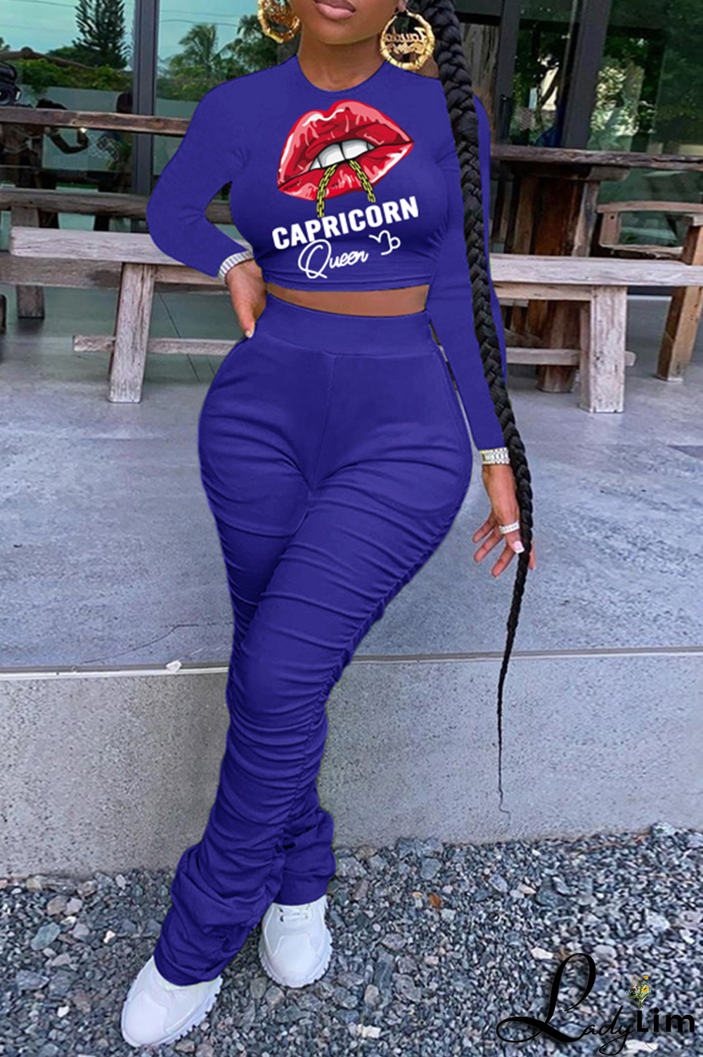 Green Fashion Lips Printed Patchwork O Neck Long Sleeve Two Pieces