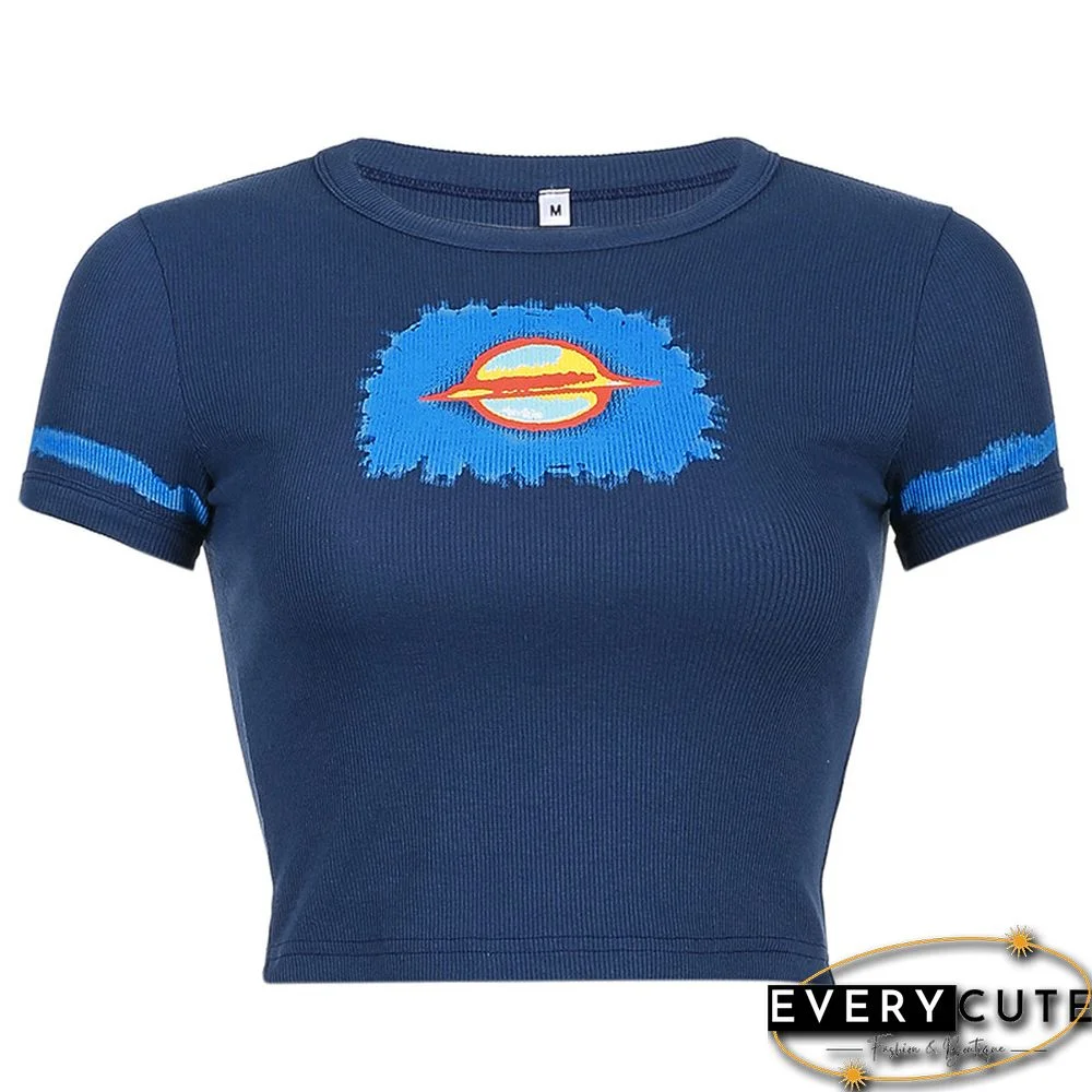 Printed Crop Top Knitted T Shirt Harajuku Tee Top Short Sleeve Tshirt O Neck Pullovers Women Casual Cute Top 90S