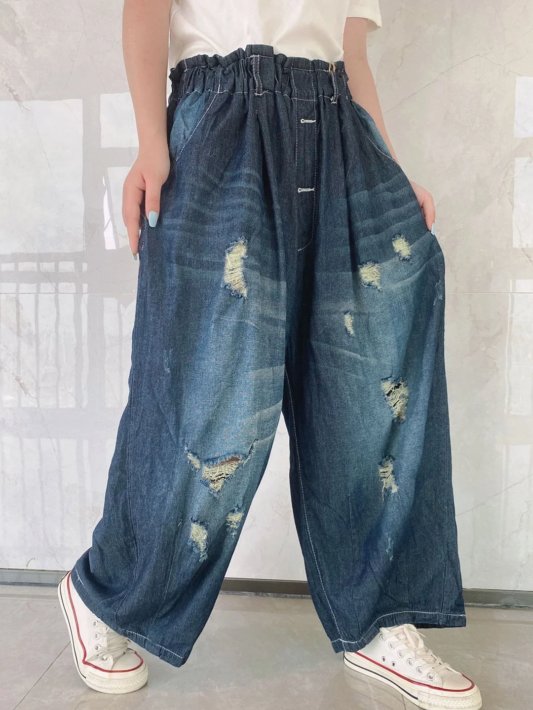Women's Hole Casual Wide Leg Ripped Denim Cropped Pants