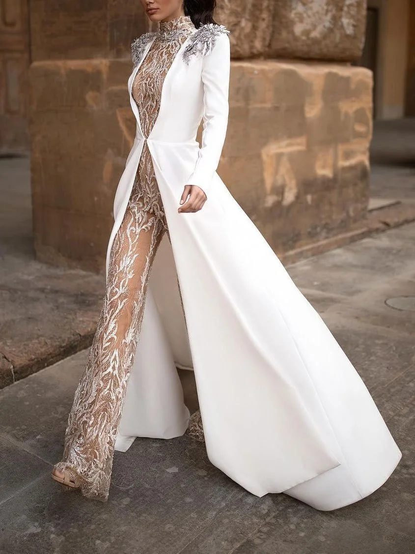 Sequined paneled long sleeves jumpsuit with coat two-pieces set-zachics