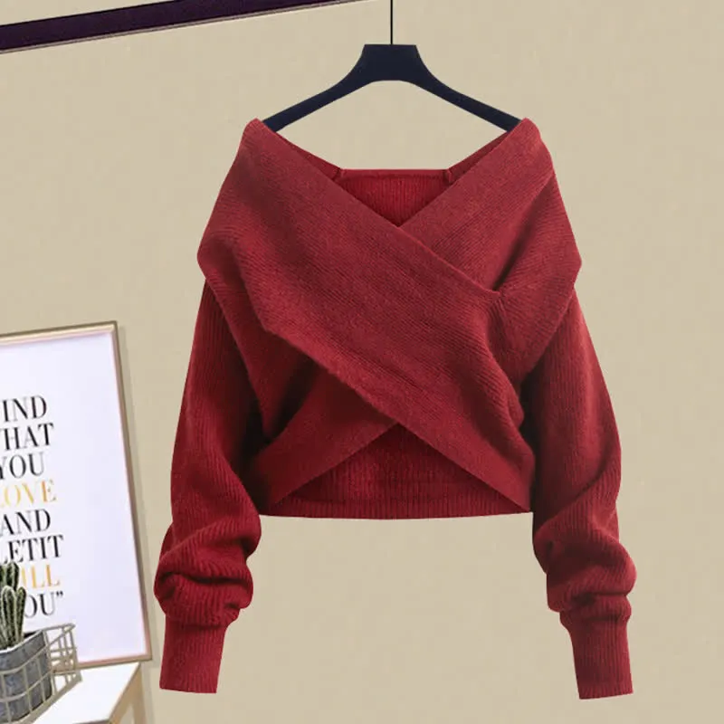 Cross Knit Sweater Flouncing A-line Slip Dress Two Pieces