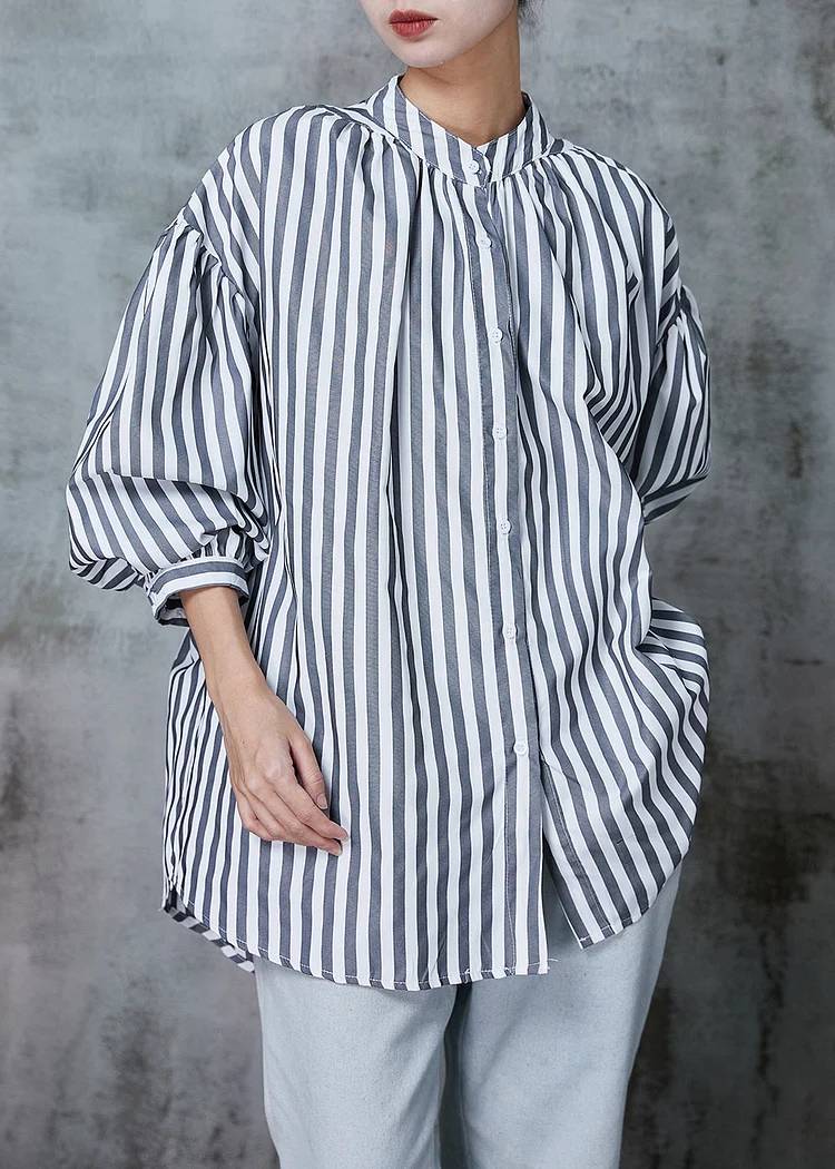 Plus Size Grey Oversized Striped Cotton Shirt Spring