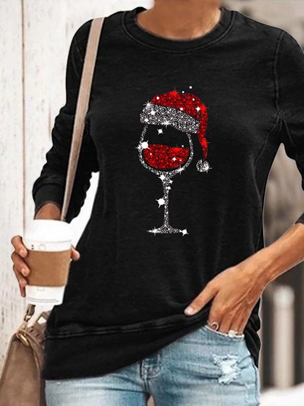 Christmas Red Wine Glass Print Sweatshirt