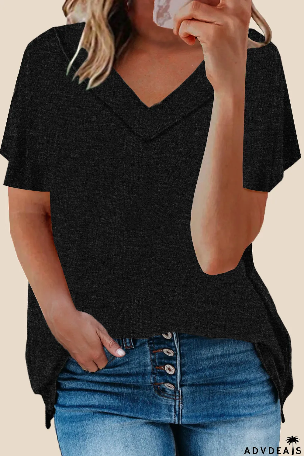 Black Oversized Mineral Wash Cotton Blend V Neck Short Sleeves Top