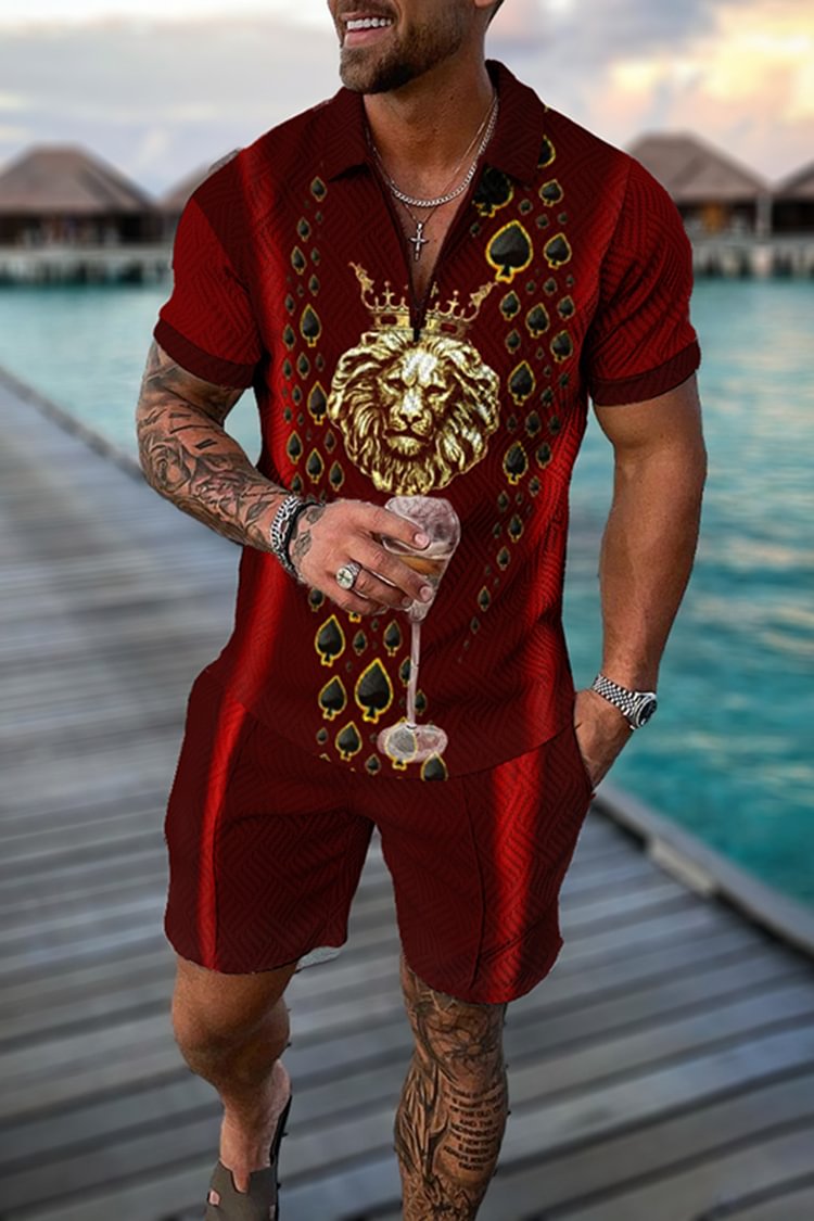 Tiboyz Luxury Fashion Red Lion Polo Shirt And Shorts Two Piece Set