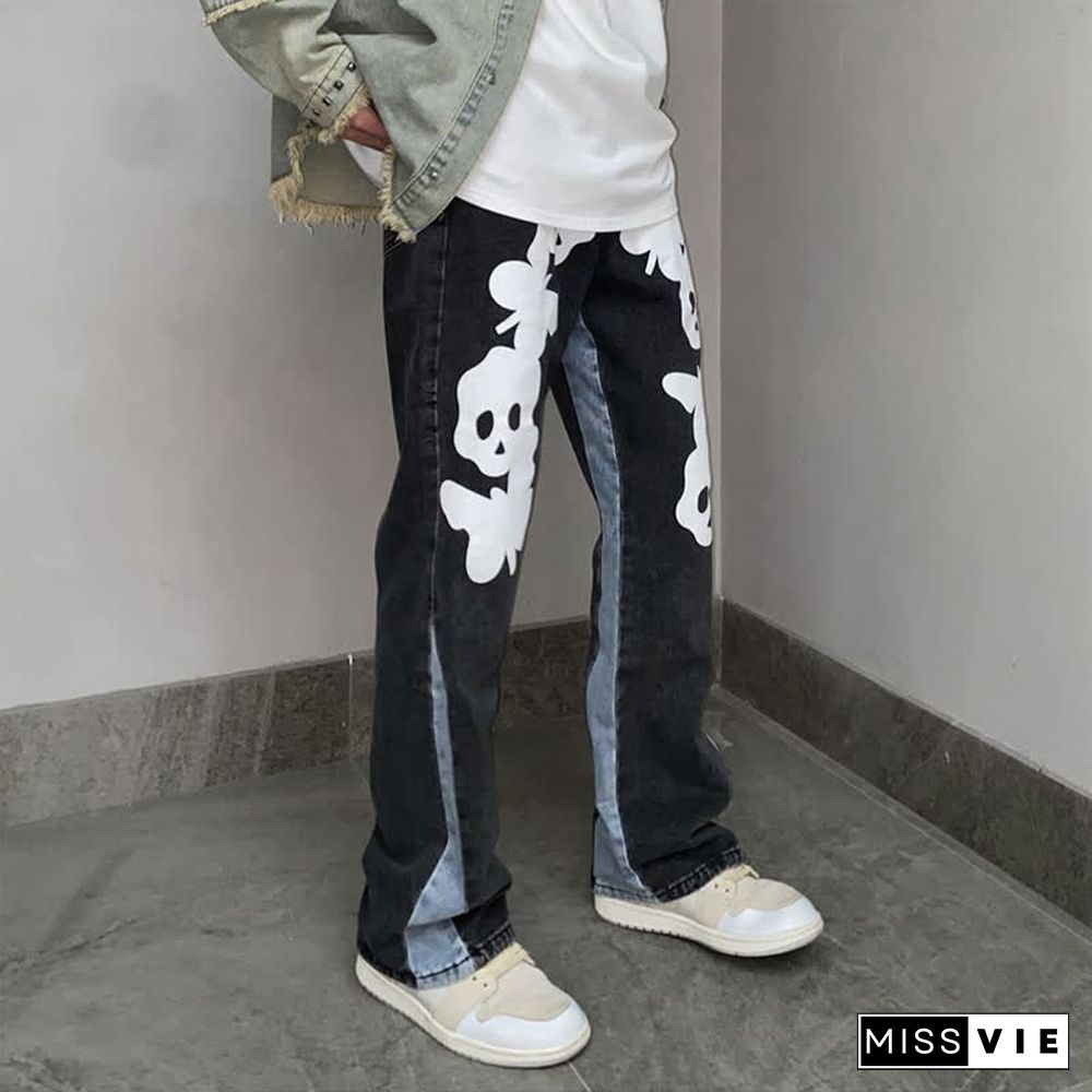 Dark Skull Print Loose Denim Pants