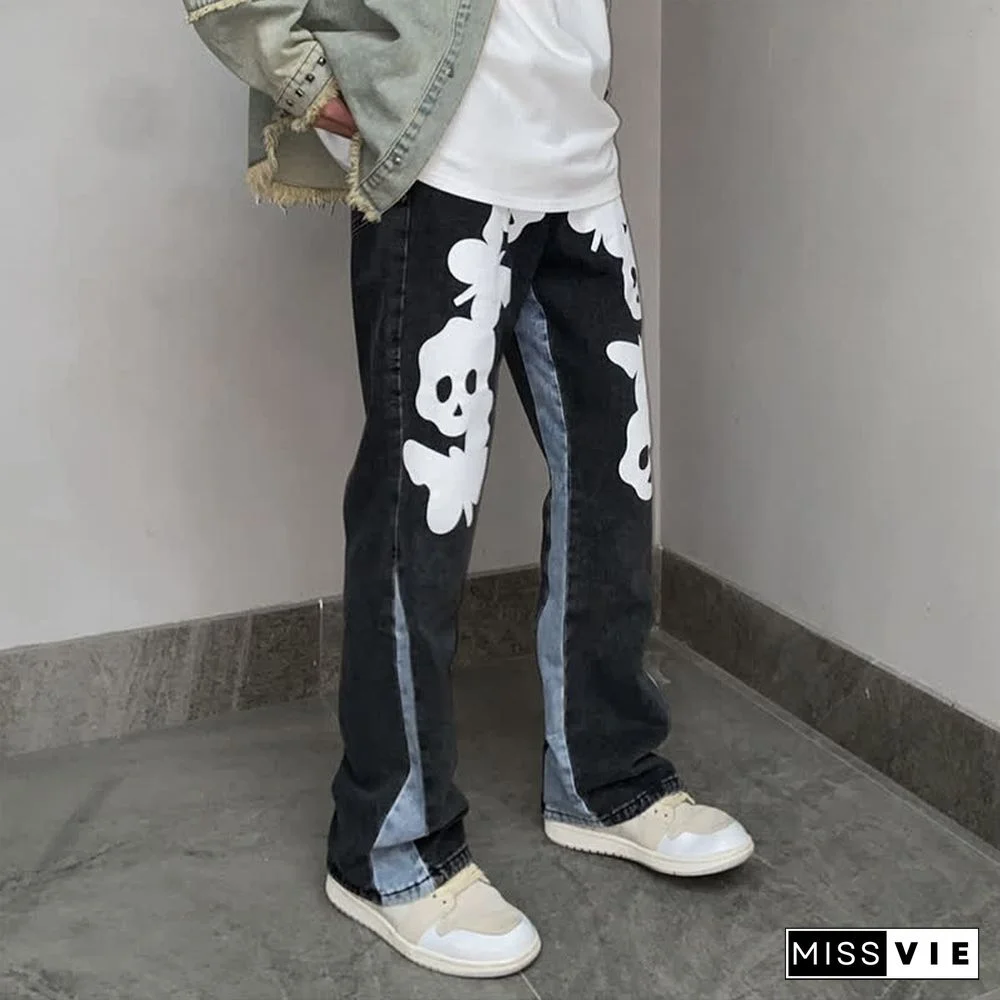 Dark Skull Print Loose Denim Pants
