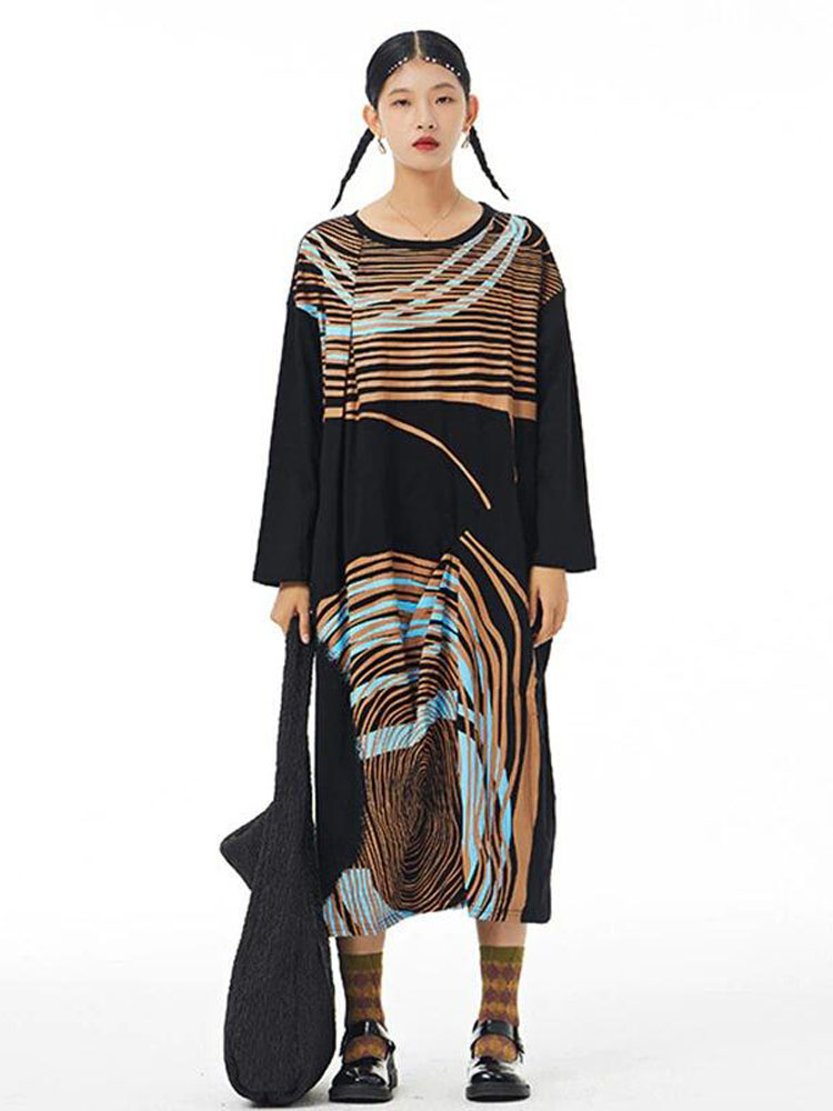 Vintage Loose Round Neck Art Striped Printed Long Sleeve Knitted Dress