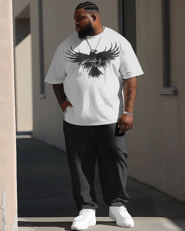 Men's Large Casual Bird King Alphabet Print Short Sleeve Trousers Suit