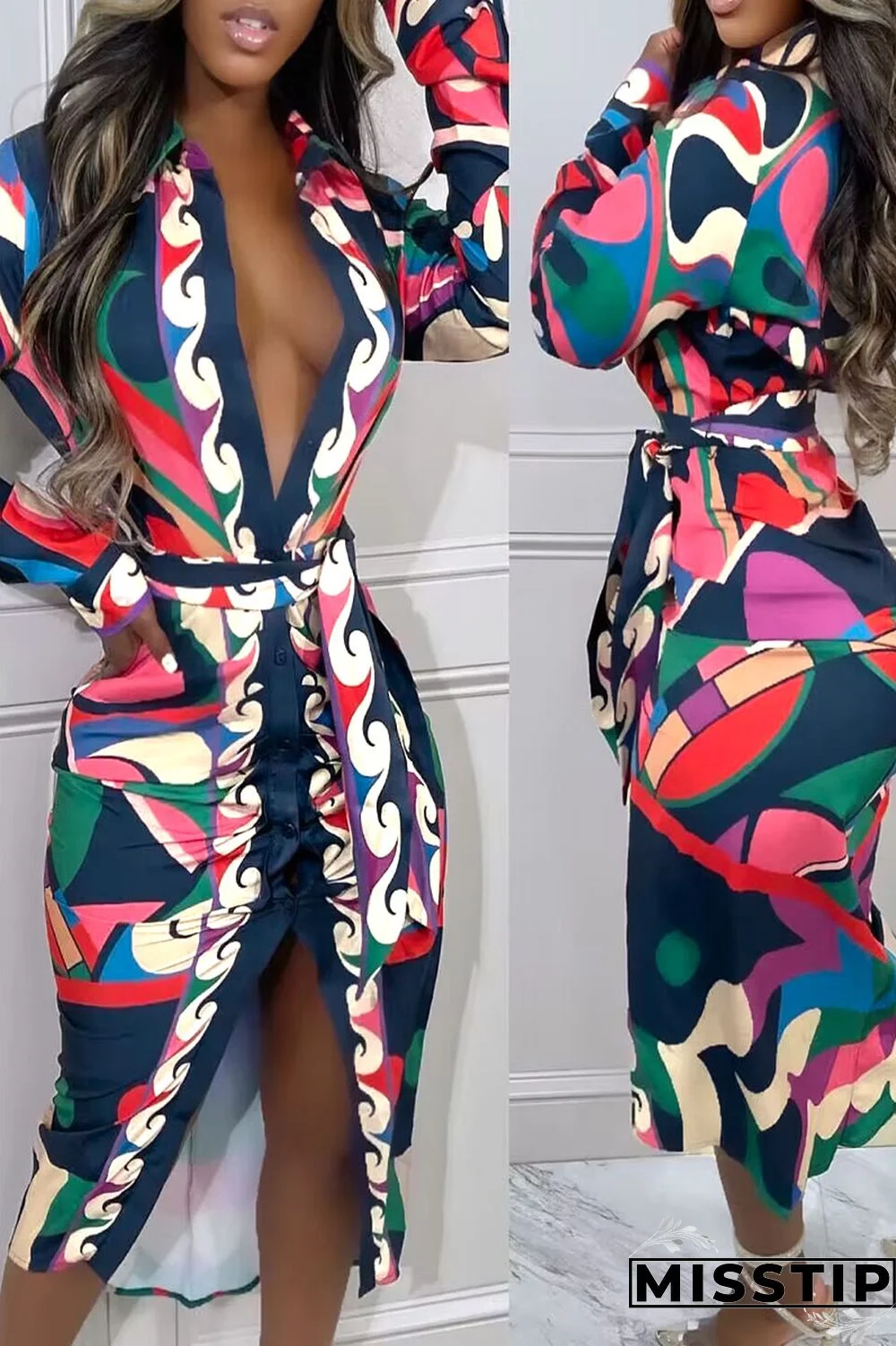 Colorful Blue Casual Print Patchwork Buckle Turndown Collar Shirt Dress Dresses