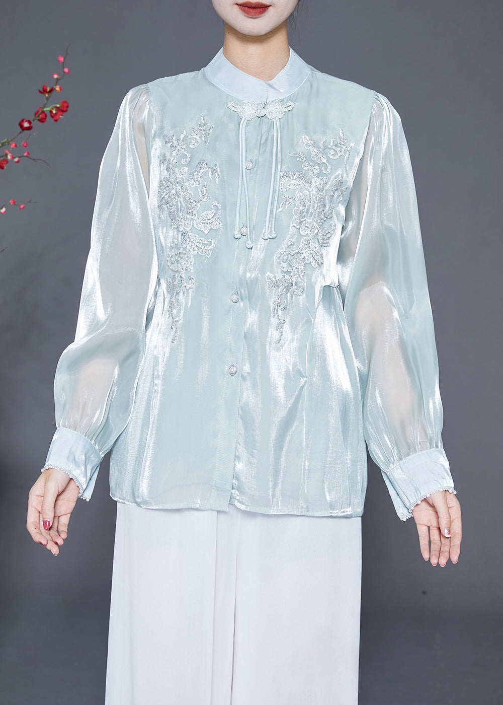 VCSHOES Sky Blue Tasseled Embroideried Silk Blouses Fall