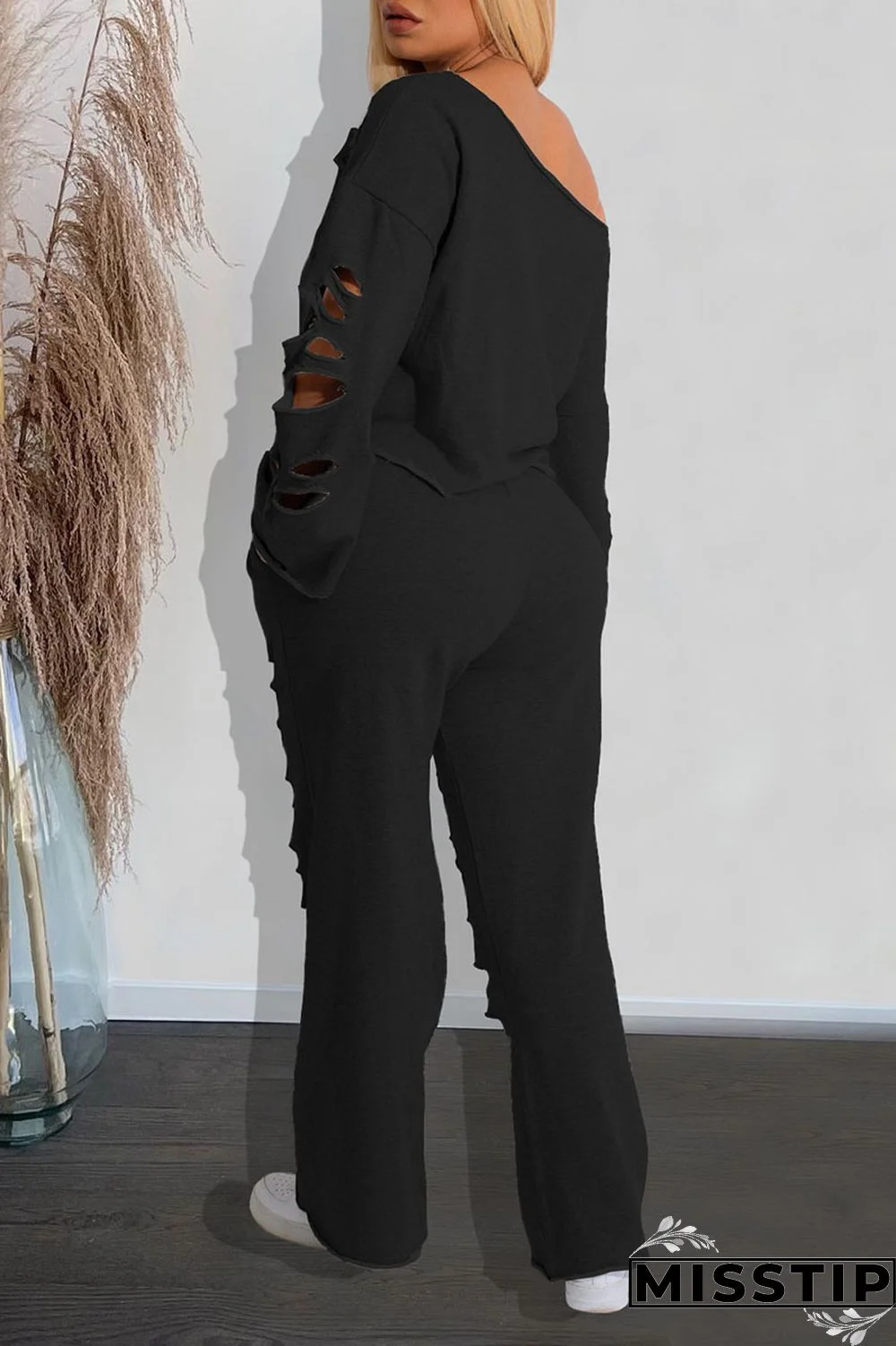 Yellow Casual Street Solid Ripped Hollowed Out Patchwork Oblique Collar Long Sleeve Two Pieces