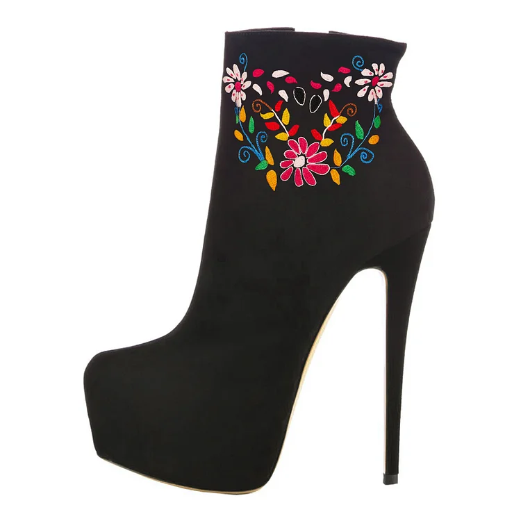 Black Platform Boots Floral Stiletto Heels Ankle Boots Stripper Shoes |FSJ Shoes