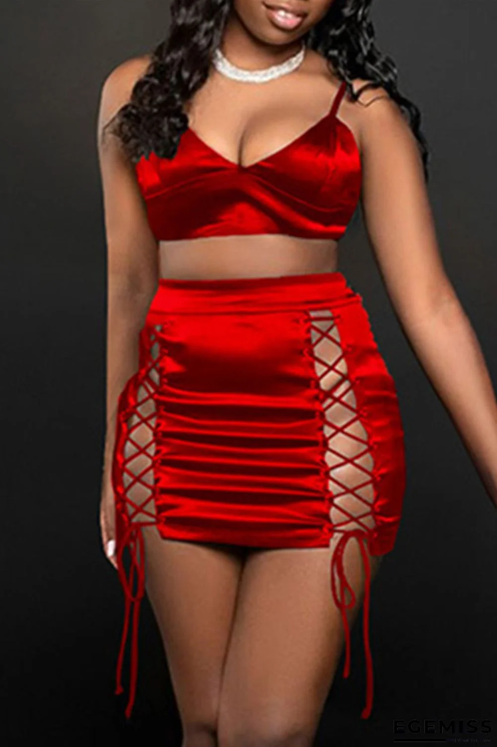 Red Sexy Solid Hollowed Out Backless Strap Design Spaghetti Strap Sleeveless Two Pieces | EGEMISS