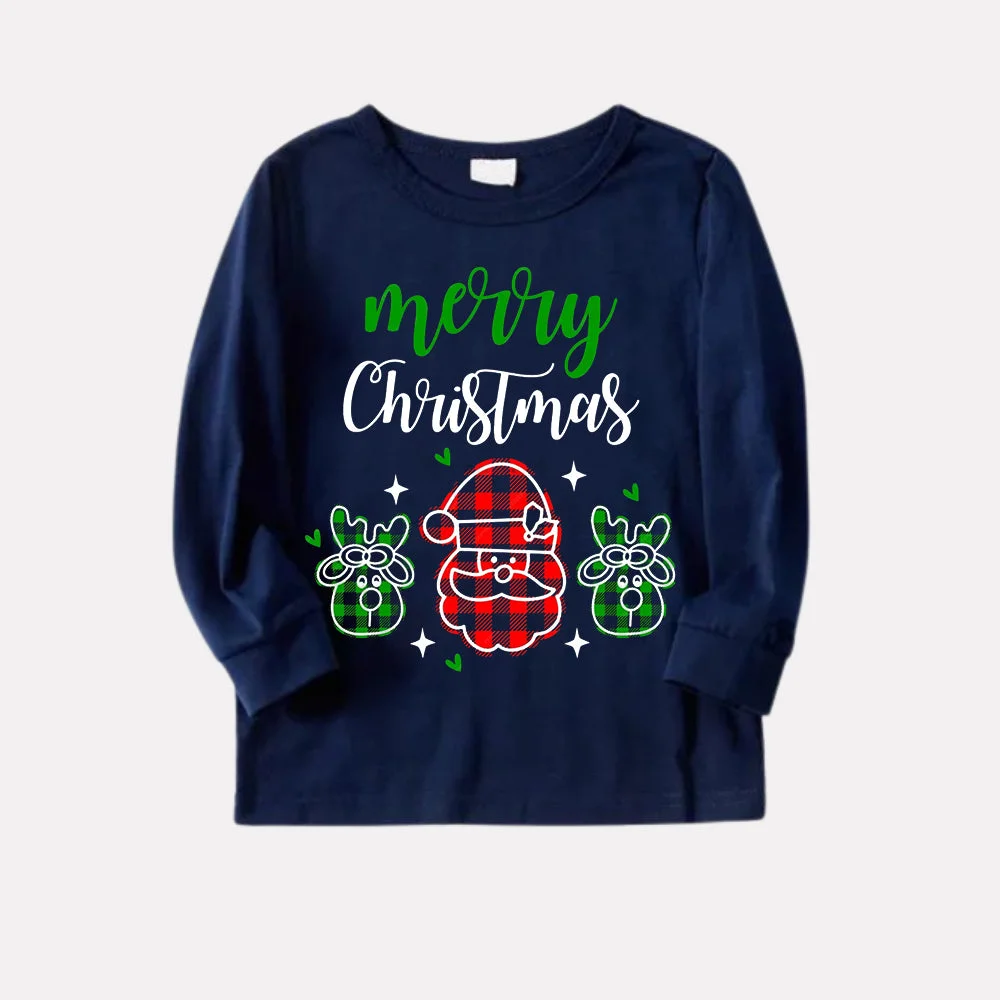Santa Moose Cute Cartoon Pattern "Merry Christmas" Letter Prints Blue Long Sleeves Top with Classic Red & Blue Plaid Pants Family Matching Pajamas