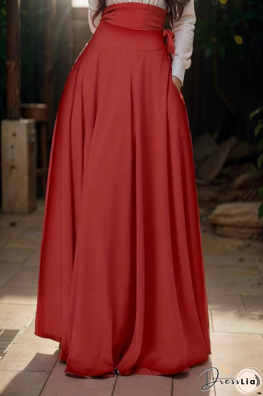 casual pleated pockets high waist loose maxi dress