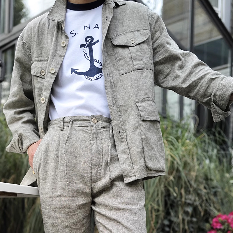 Men's Natural Cotton And Linen Thin Light Gray Work Jacket