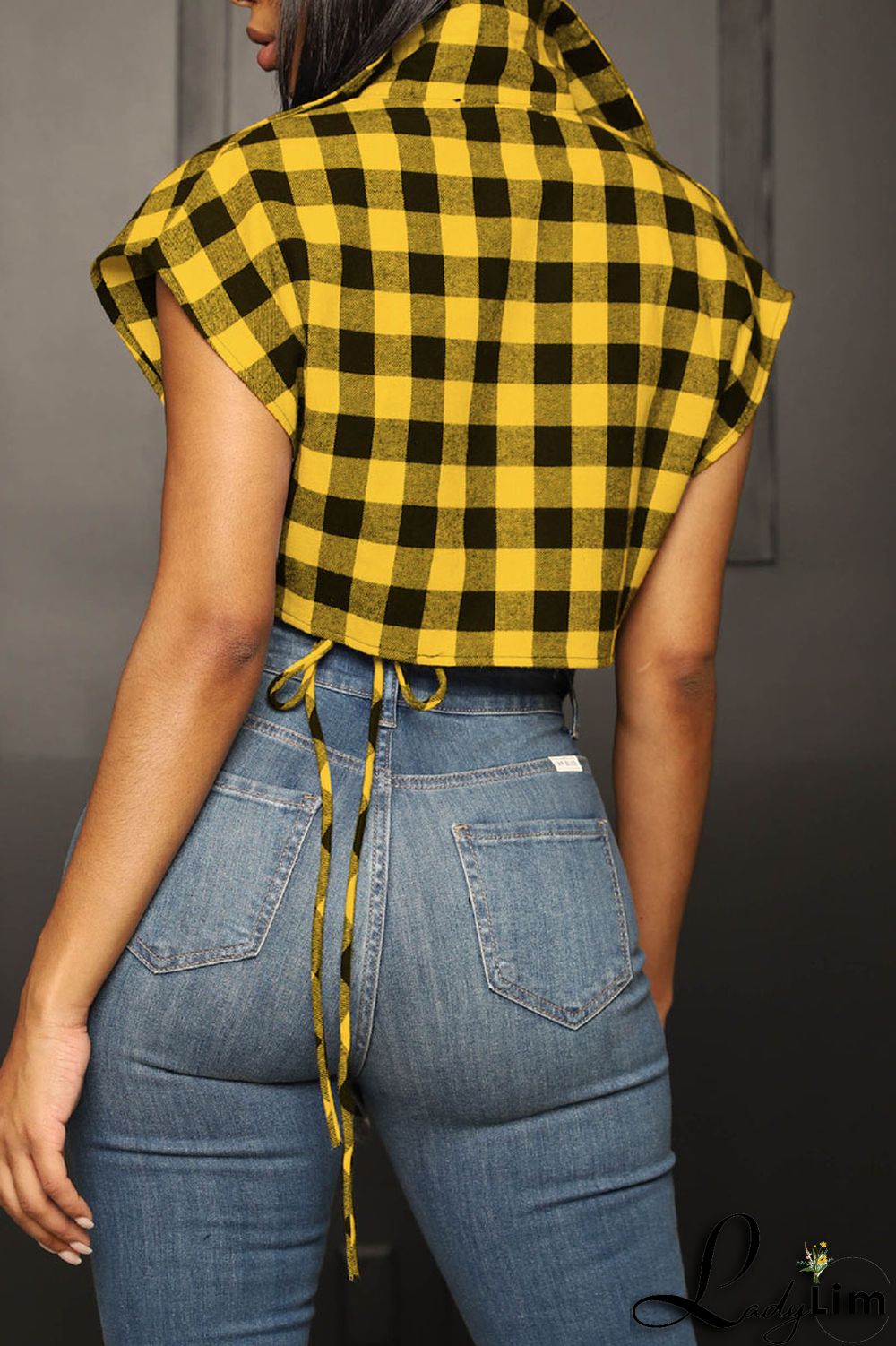 Yellow Casual Street Plaid Print Patchwork Buckle Asymmetrical Turndown Collar Tops