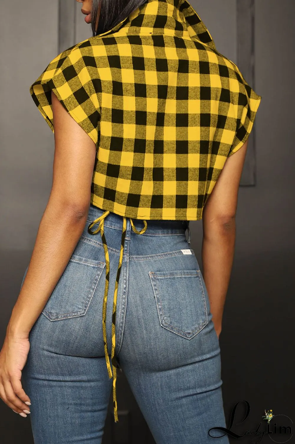 Yellow Casual Street Plaid Print Patchwork Buckle Asymmetrical Turndown Collar Tops