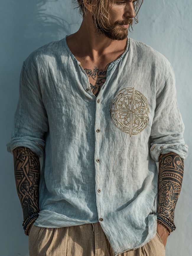 Men's Compass Viking-Inspired Long Sleeve Linen Shirt / Rvogue / Rvogue