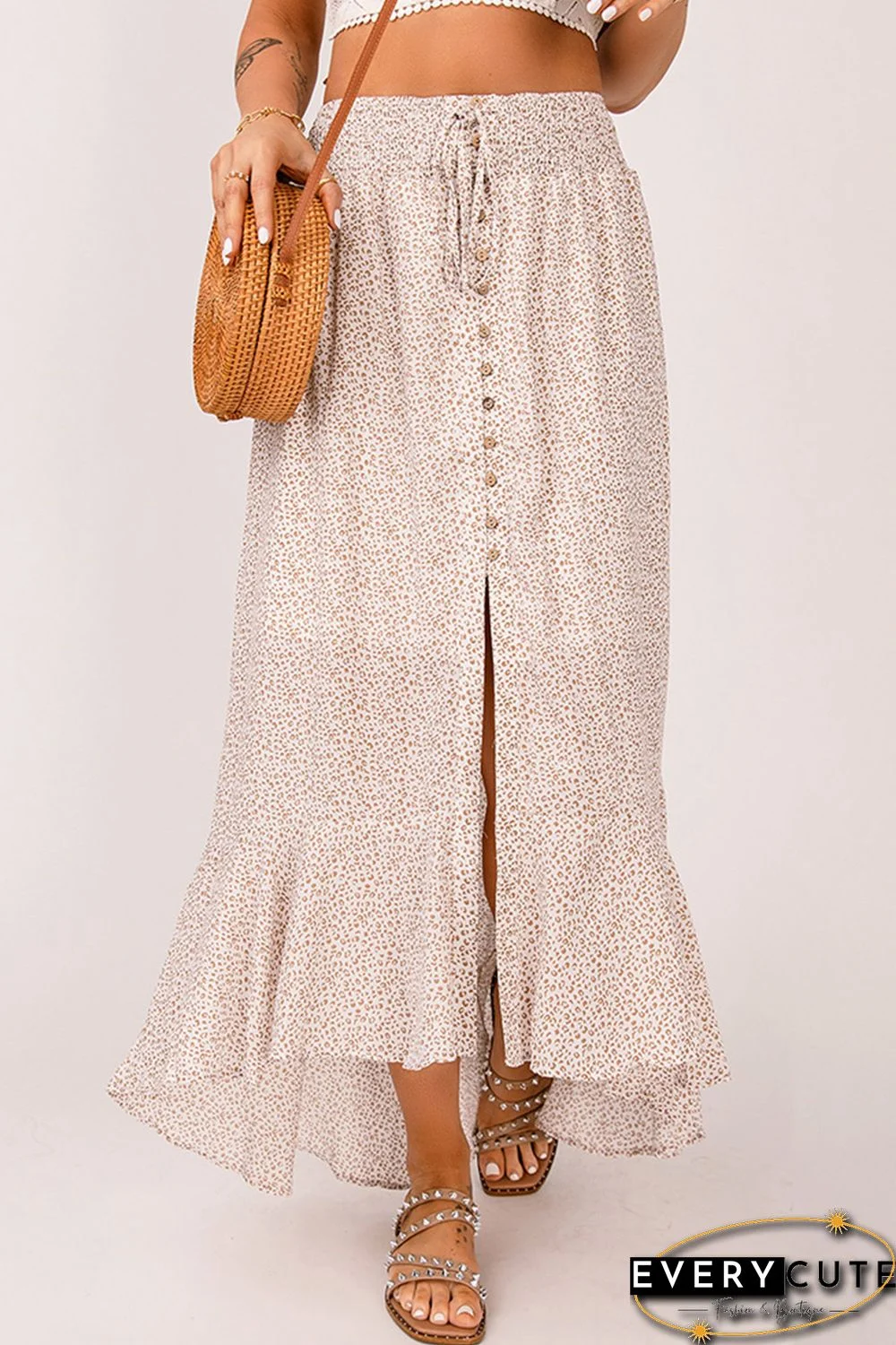 Leopard Floral Print Buttons Flounce Side Slit High Waist Maxi Skirts