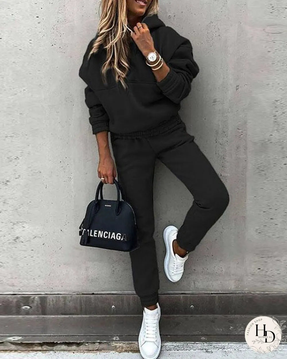Casual Plain Color Hoodie Top & Pants Set