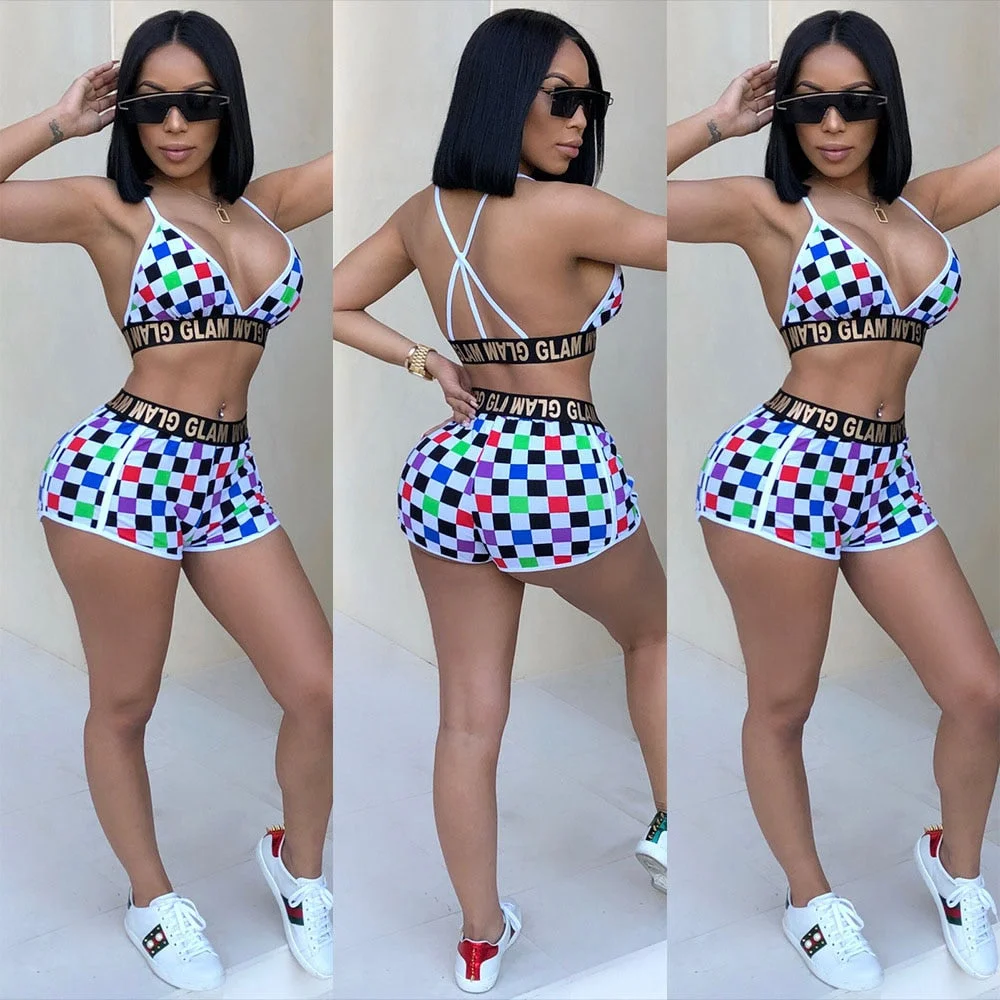 Adogirl Sexy Women's Bra Top Shorts Two Pieces Sets Glam Letter Camo Print Crop Tops Shorts Night Club Outfits Lady Sport Suits
