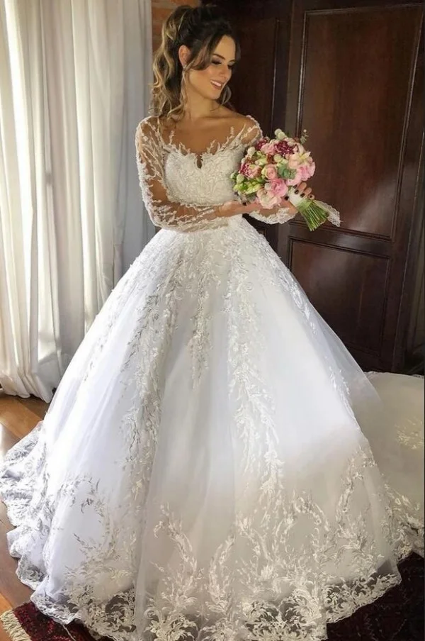 Stunning Tulle Long Sleeves Princess Wedding Dress With Appliques Online | Ballbellas Ballbellas