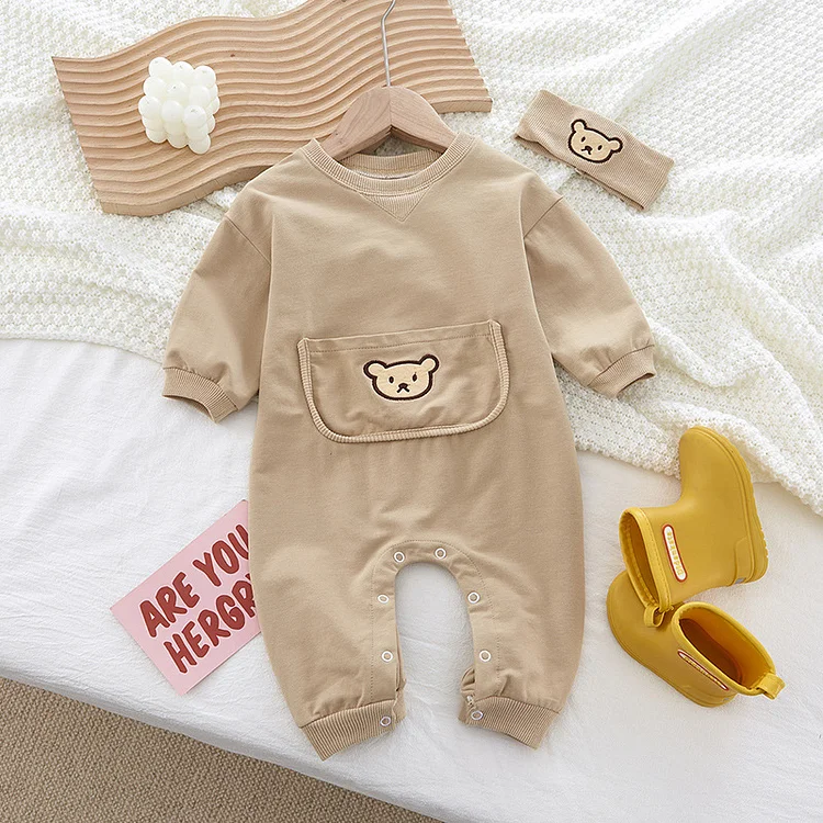 Baby Boy/Girl Embroidered Bear Pocket Design Long Sleeve Romper