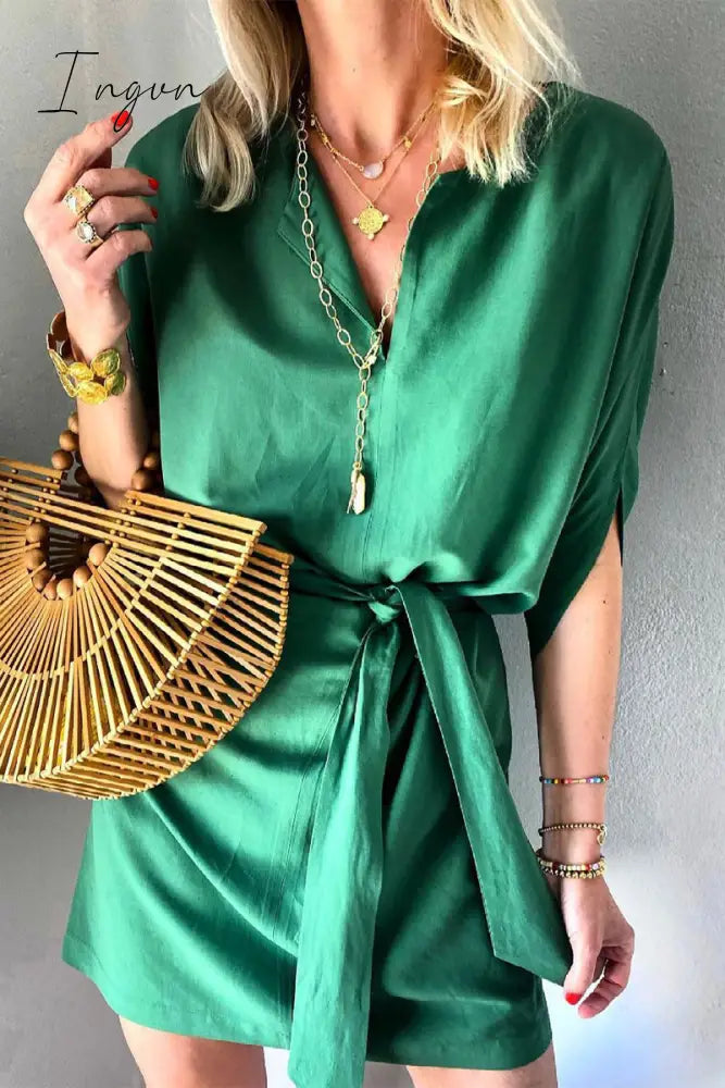 Ingvn - Casual Simplicity Solid Patchwork V Neck Princess Dresses Green / S Dresses/Casual