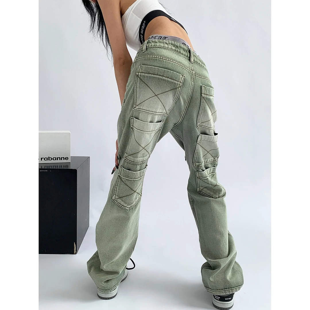 Vstacam Streetwear Jeans Women Green Vintage Multiple Pockets Casual Street High Waist Baggy Jeans Denim Trouser Cargo Pants Women
