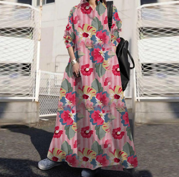 Urban Style Cotton And Linen Long-Sleeved Printed Maxi Dress
